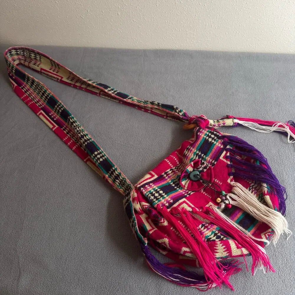 Handmade Artsy Boho Festival Fringe Crossbody Colorful‎ Bag Purse 100% Wool